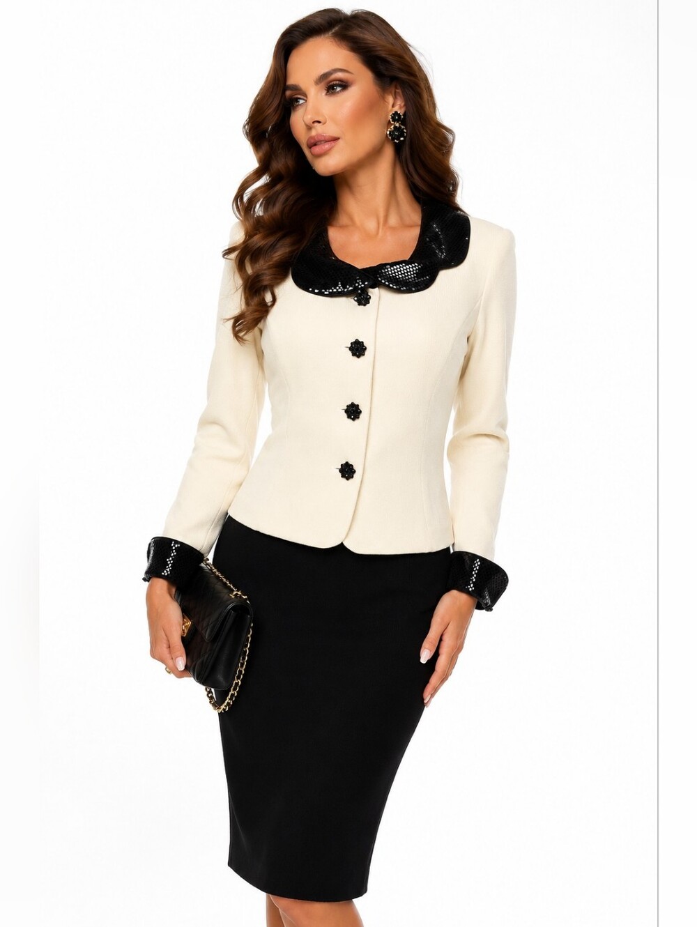 St. John Evening by Marie Gray Cream Black Knit Sequin Collar Cuff Suit Sz 4